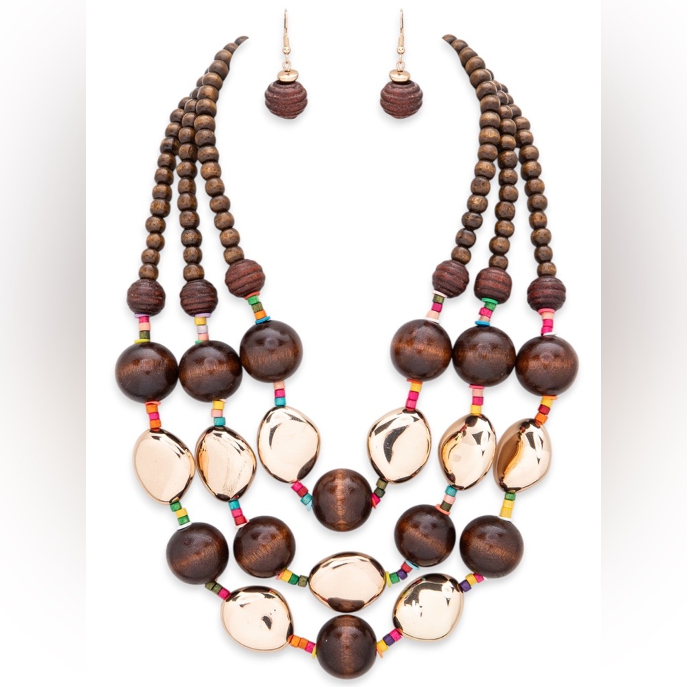Handcrafted Brown and Gold Beaded Multi-Strand Statement Necklace